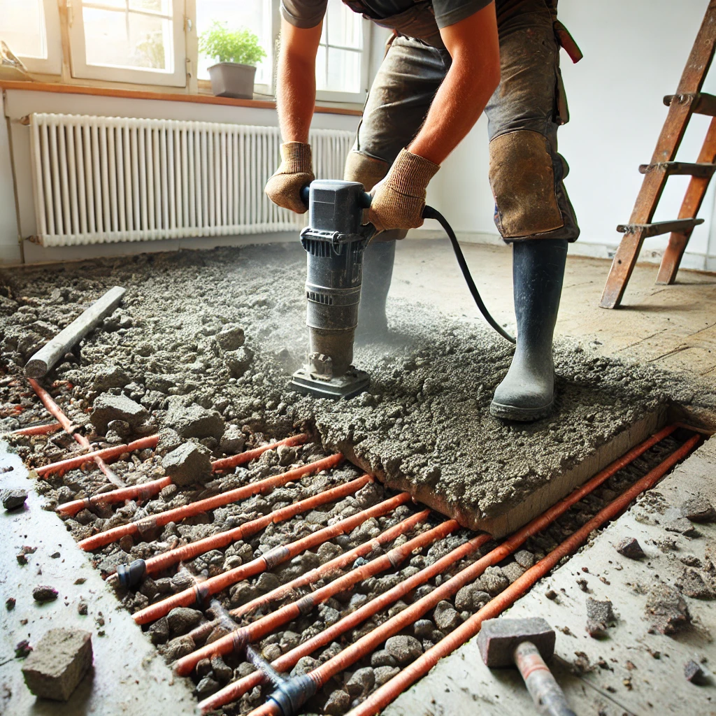 Tegelvloer met cementdekvloer en vloerverwarming verwijderen